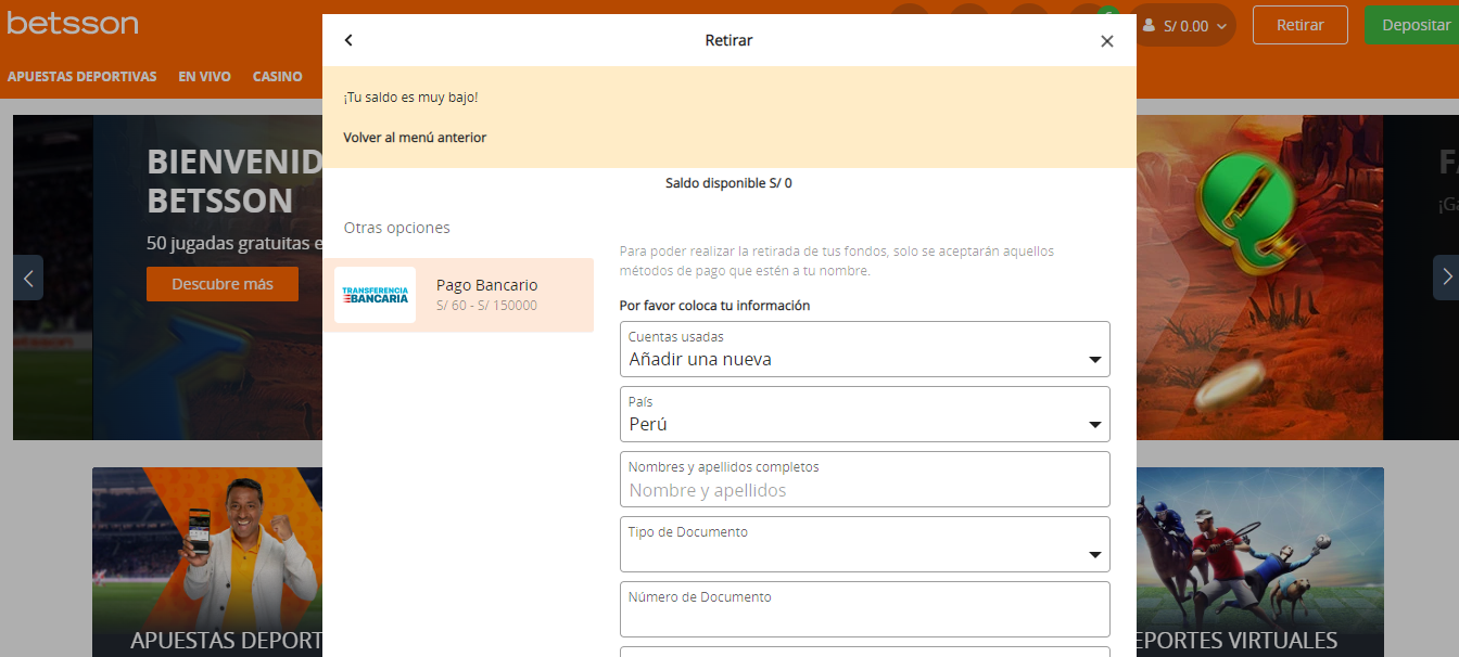 Cómo retirar dinero en Betsson Perú