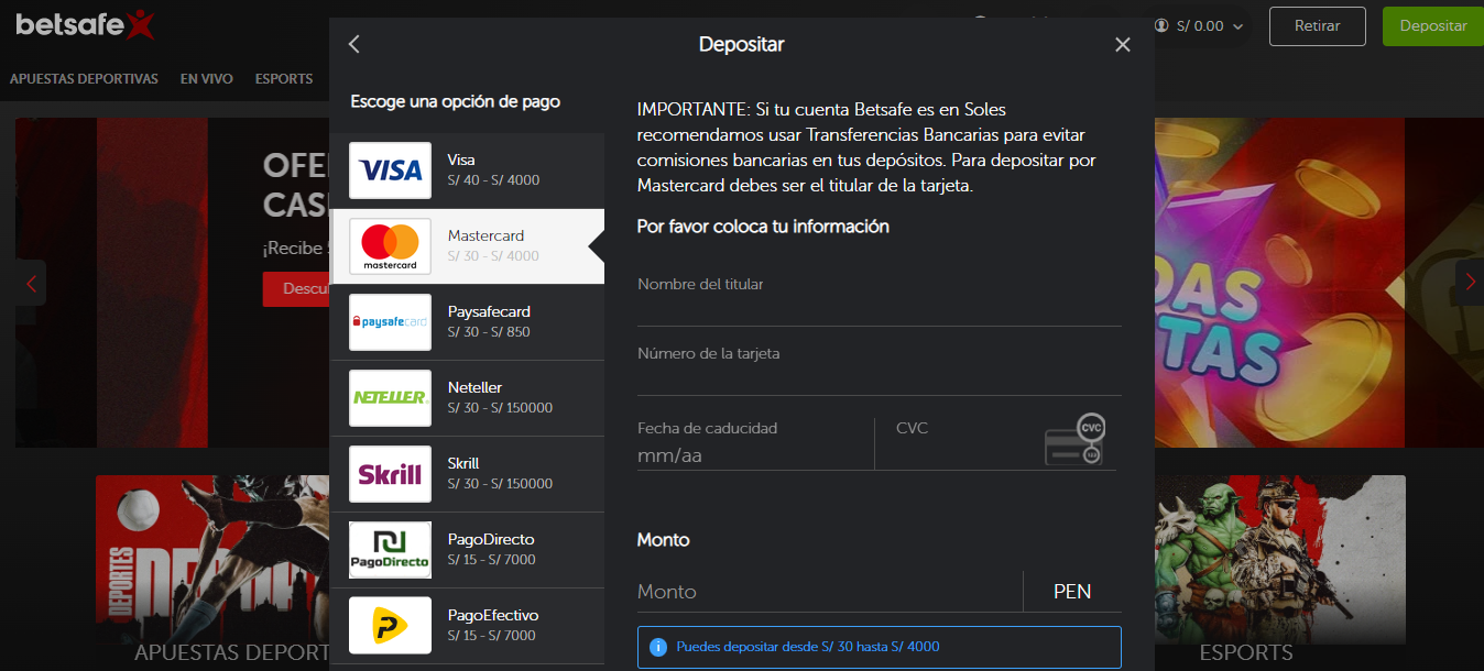cómo depositar en betsafe perú