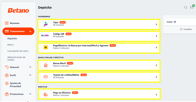 como depositar en betano