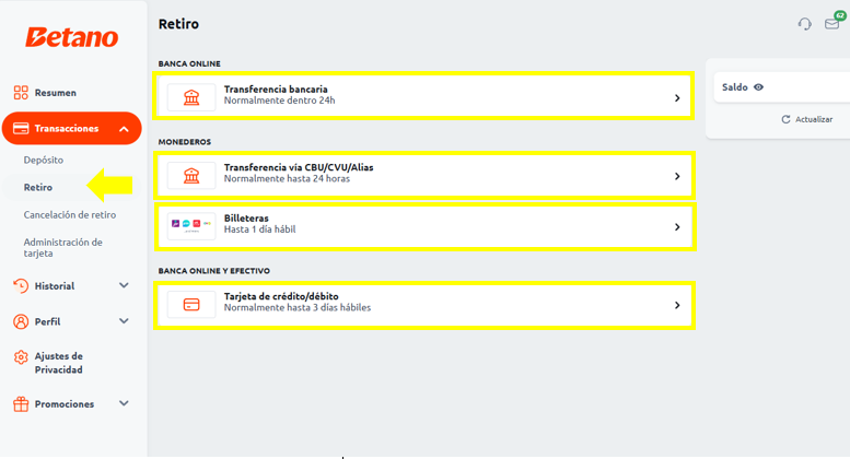 como retirar en betano